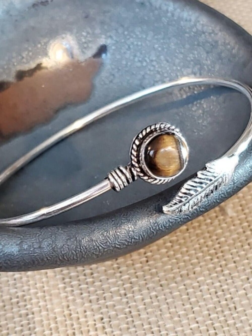 Handcrafted Tigers Eye Carved Leaf Gemstone Sterling Silver Overlay Artisan Cuff - Picture 4 of 7
